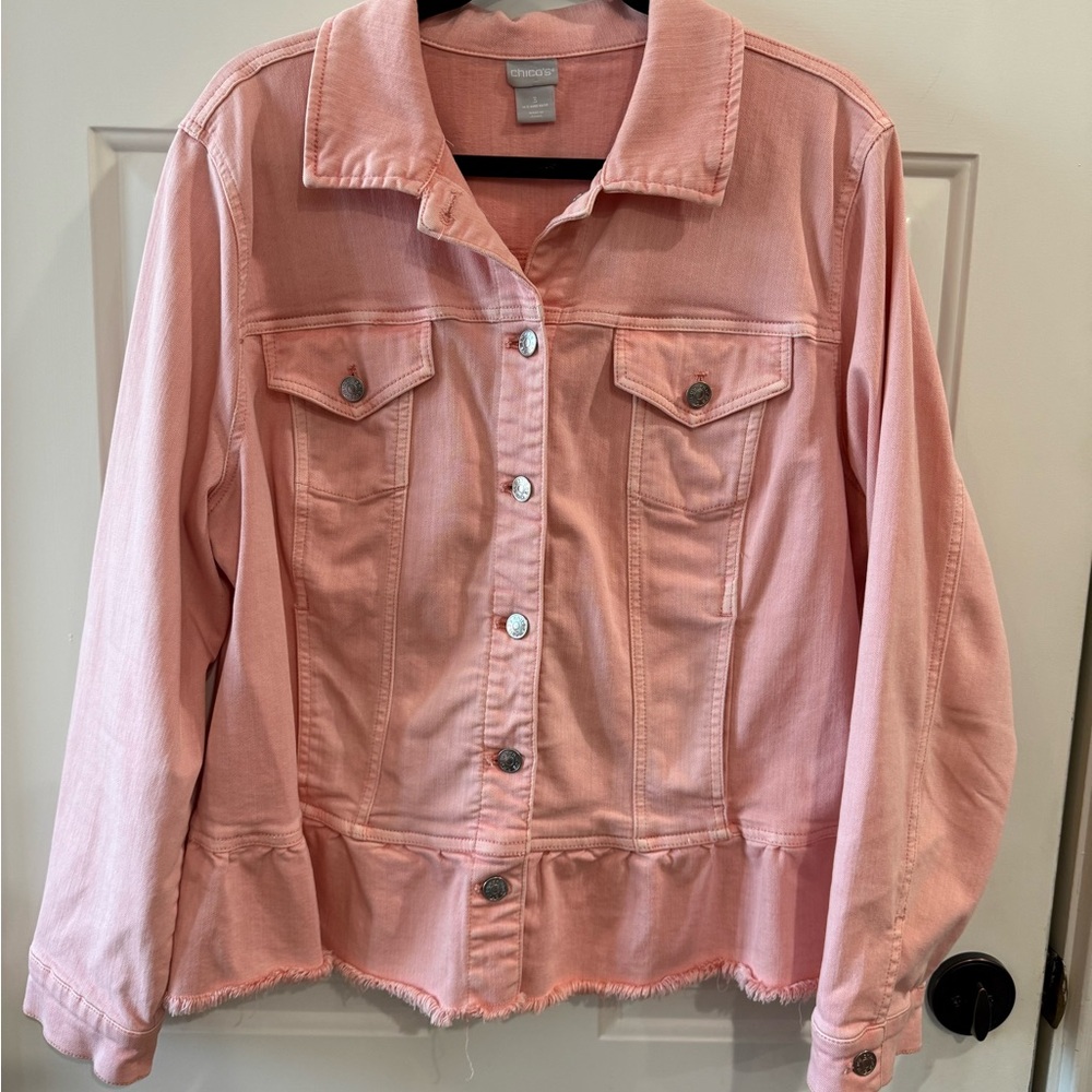 Chico's Soft Pink Denim Jacket with Frayed Peplum Hem